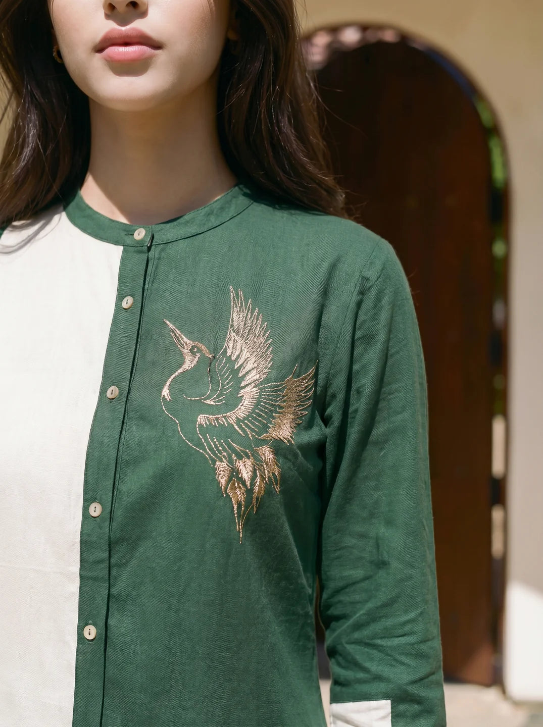 Green & White Cotton Bird Motif Embroidered Rayon Dress