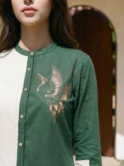 Green & White Cotton Bird Motif Embroidered Rayon Dress