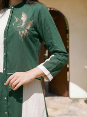 Green & White Cotton Bird Motif Embroidered Rayon Dress