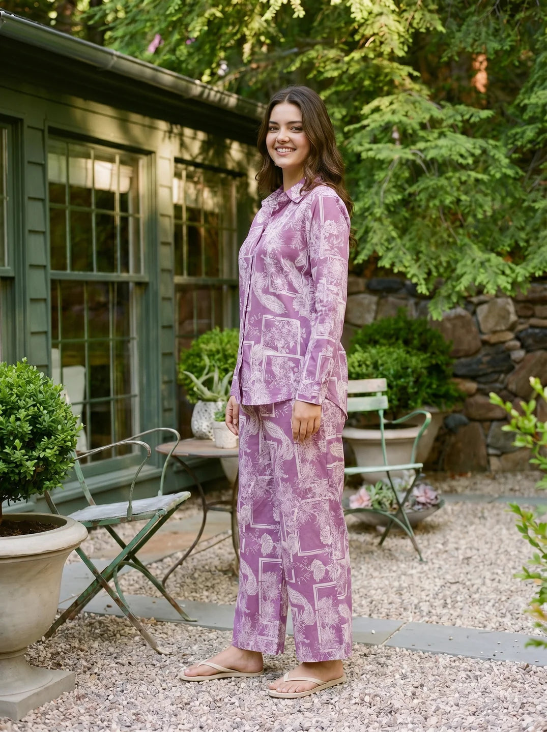 Violet Abstract Patch Print Co-Ord Set in Cotton Cambric