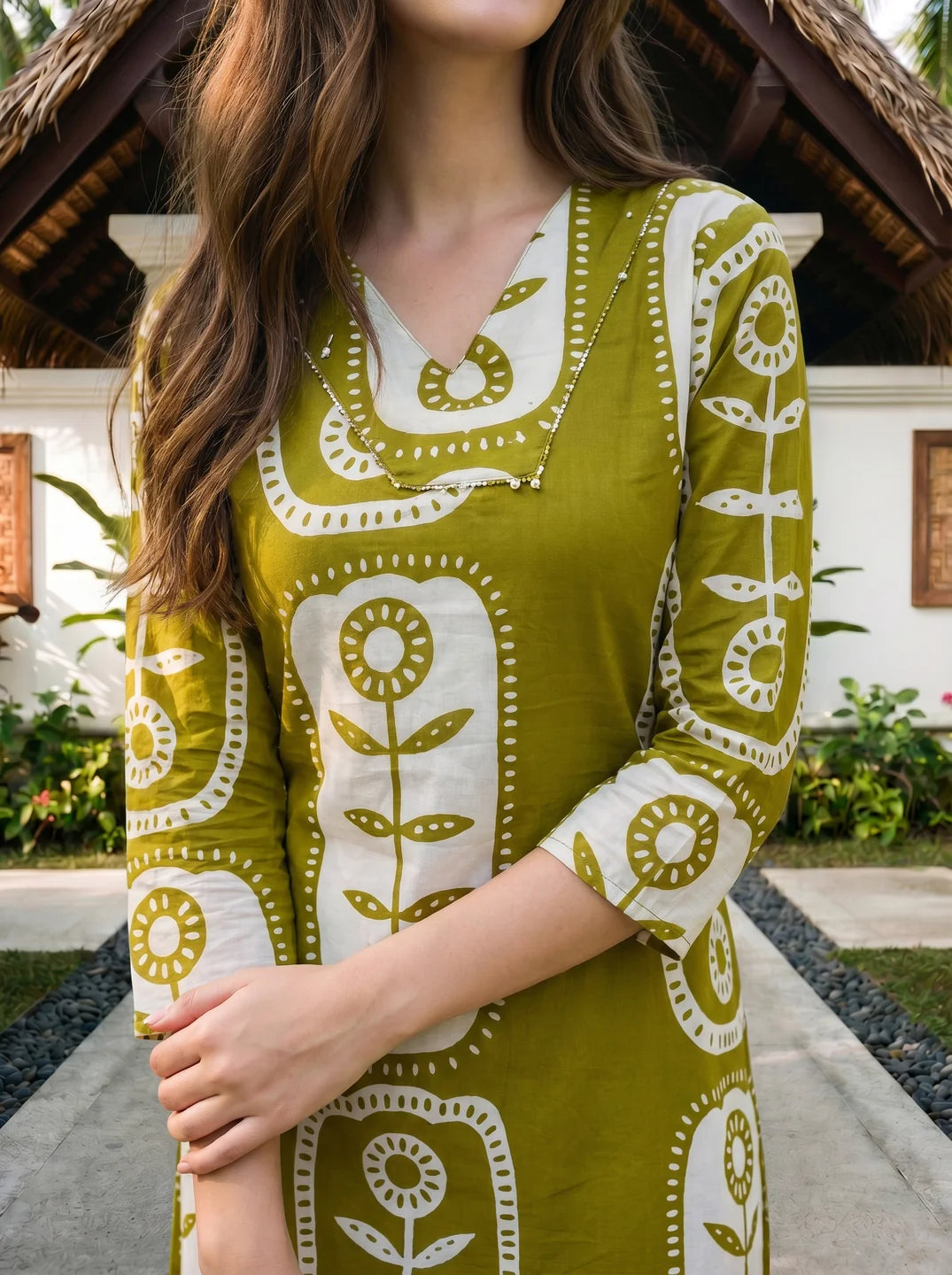 Olive Green Abstract Floral Print Kurta & Pant Set