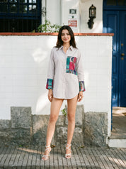Powder Pink Cotton Shirt with Digital Print Patch and Rhinestone