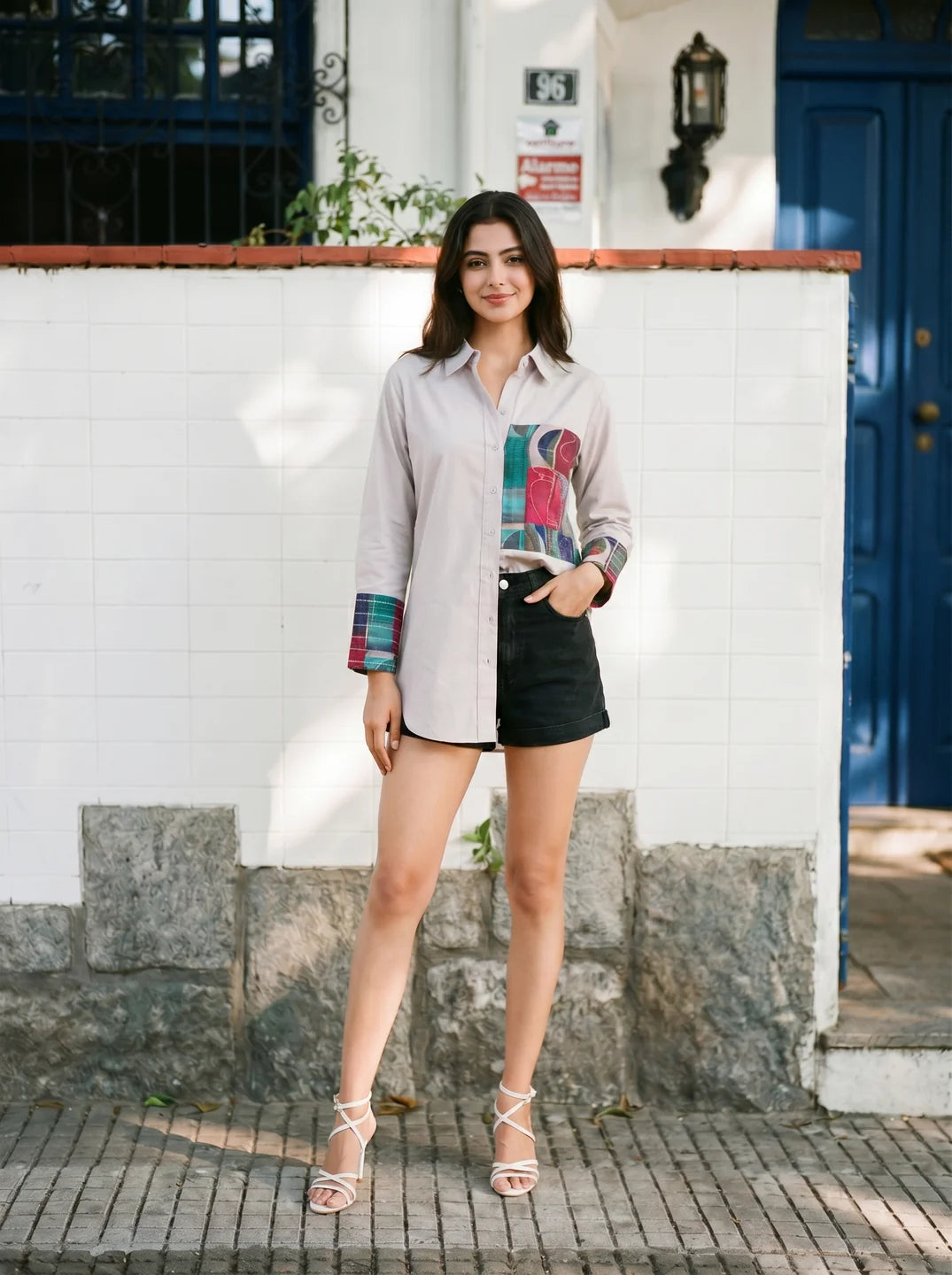 Powder Pink Cotton Shirt with Digital Print Patch and Rhinestone