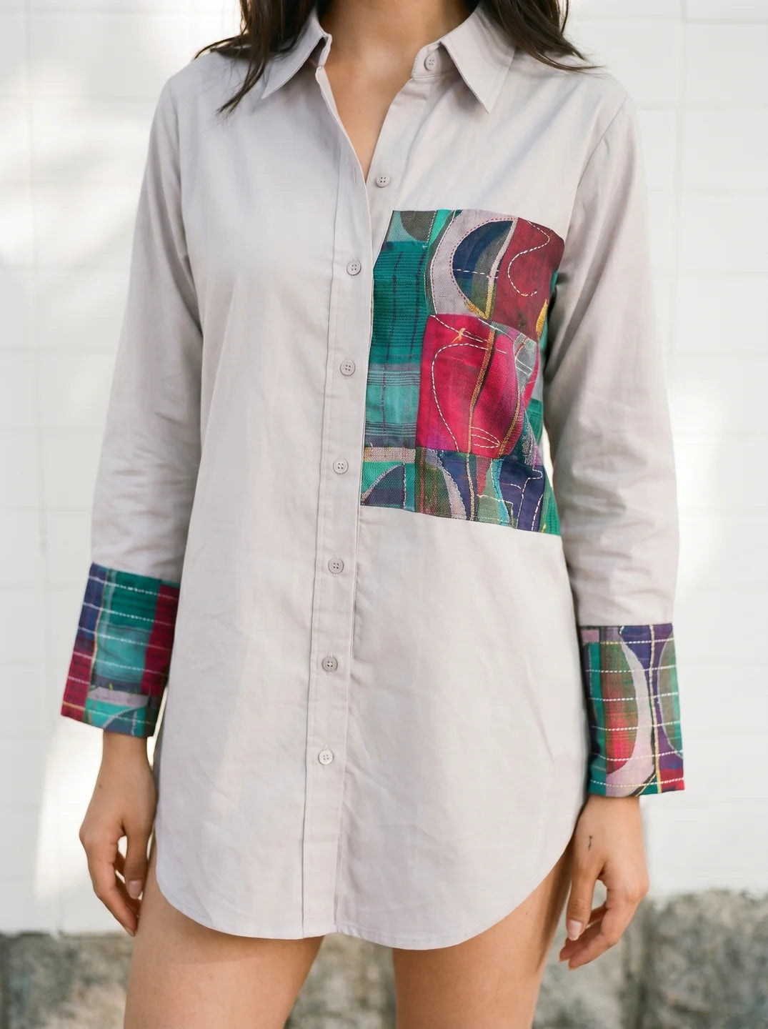 Powder Pink Cotton Shirt with Digital Print Patch and Rhinestone