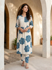 Cream & Peacock Blue Printed Viscose Kurta Pant Set