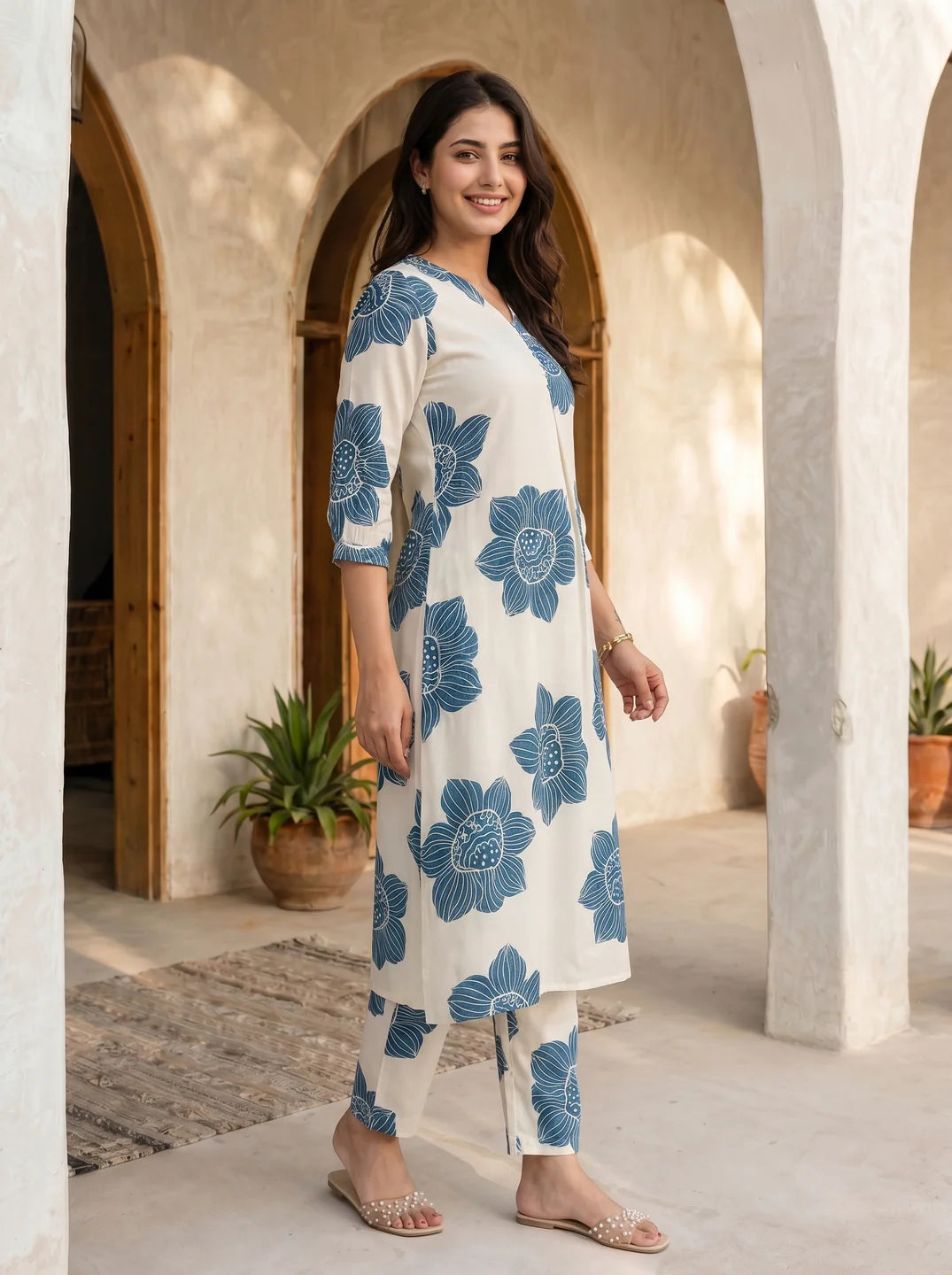Cream & Peacock Blue Printed Viscose Kurta Pant Set