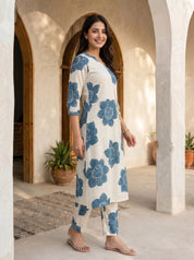 Cream & Peacock Blue Printed Viscose Kurta Pant Set
