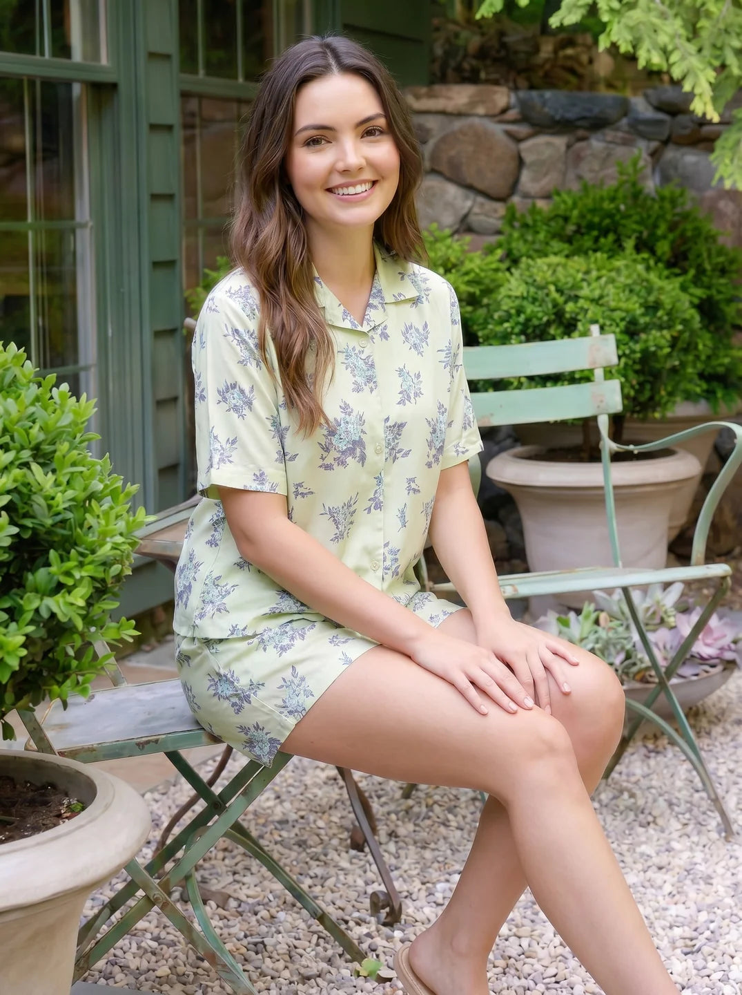 Light Pista Green Floral Leaf Printed Cotton Short Set