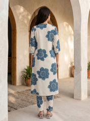 Cream & Peacock Blue Printed Viscose Kurta Pant Set