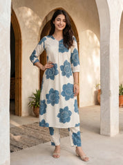 Cream & Peacock Blue Printed Viscose Kurta Pant Set