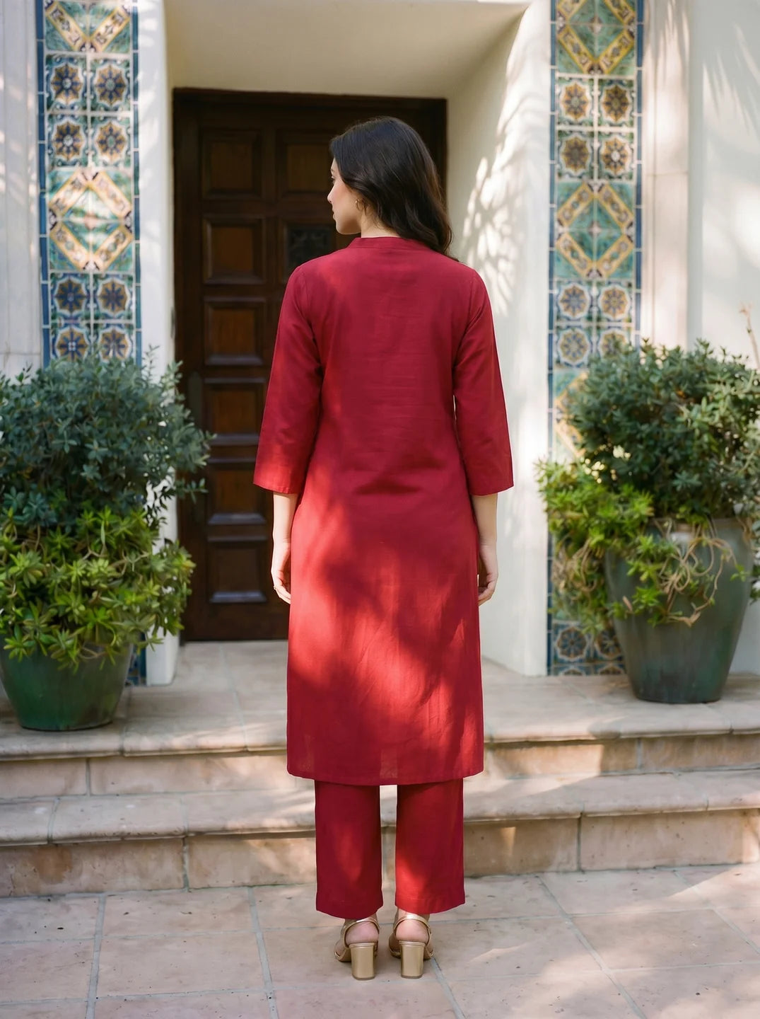 Maroon Embroidered Cotton Kurti Pant Set