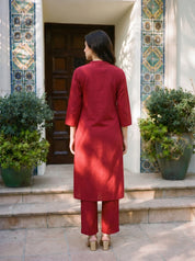 Maroon Embroidered Cotton Kurti Pant Set