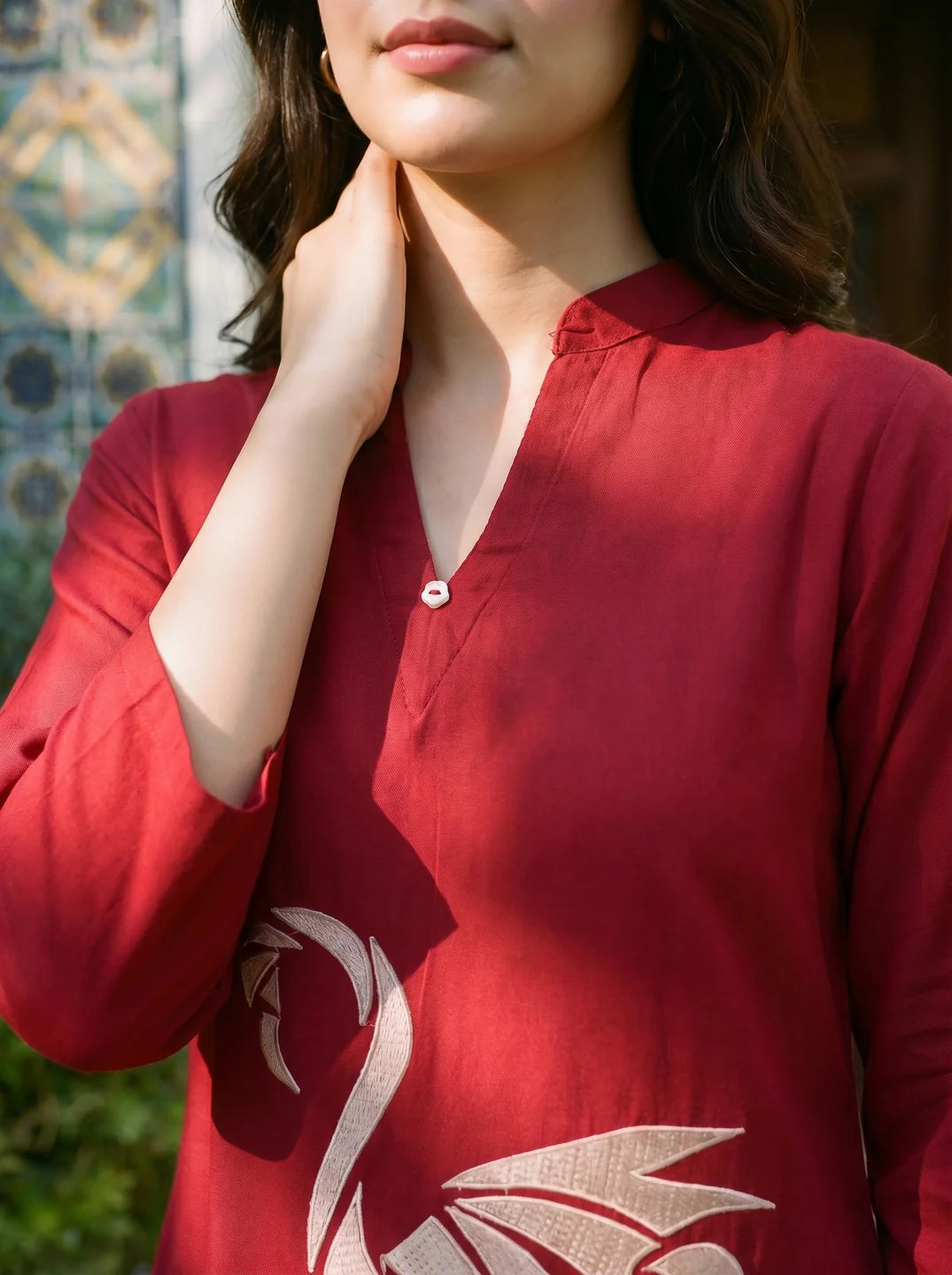 Maroon Embroidered Cotton Kurti Pant Set