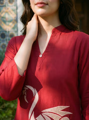 Maroon Embroidered Cotton Kurti Pant Set