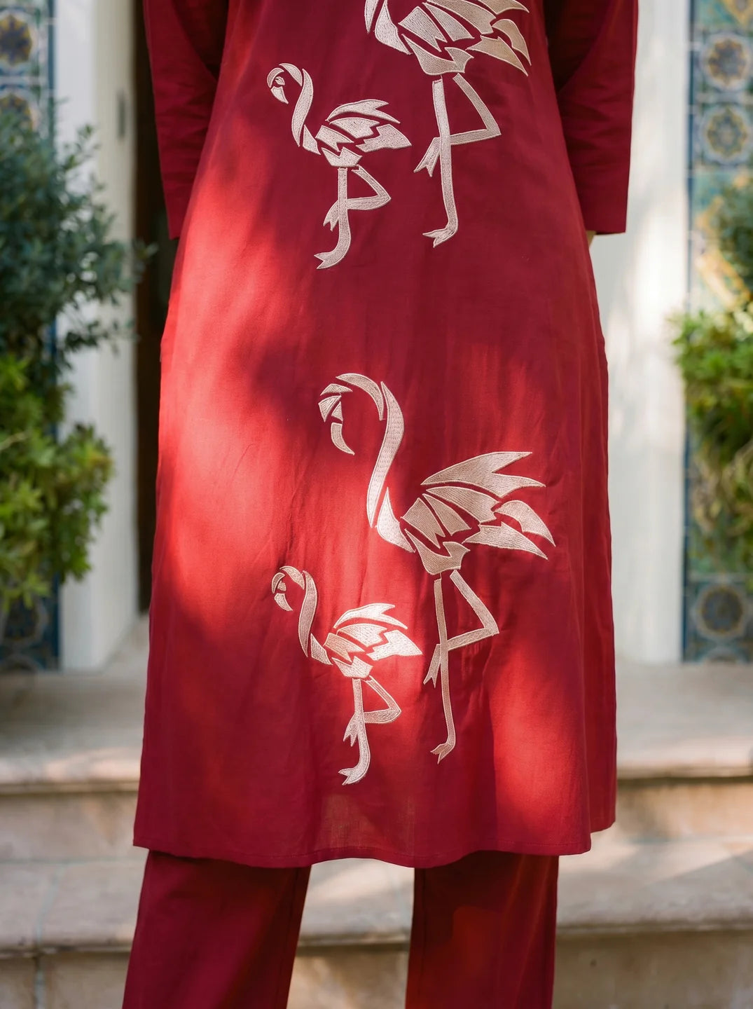 Maroon Embroidered Cotton Kurti Pant Set