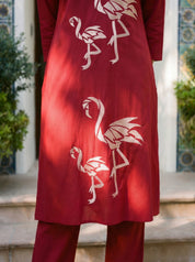 Maroon Embroidered Cotton Kurti Pant Set