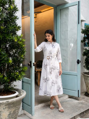 Off-White Ginkgo Leaf Printed Belted Midi Dress in Viscose
