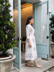 Off-White Ginkgo Leaf Printed Belted Midi Dress in Viscose