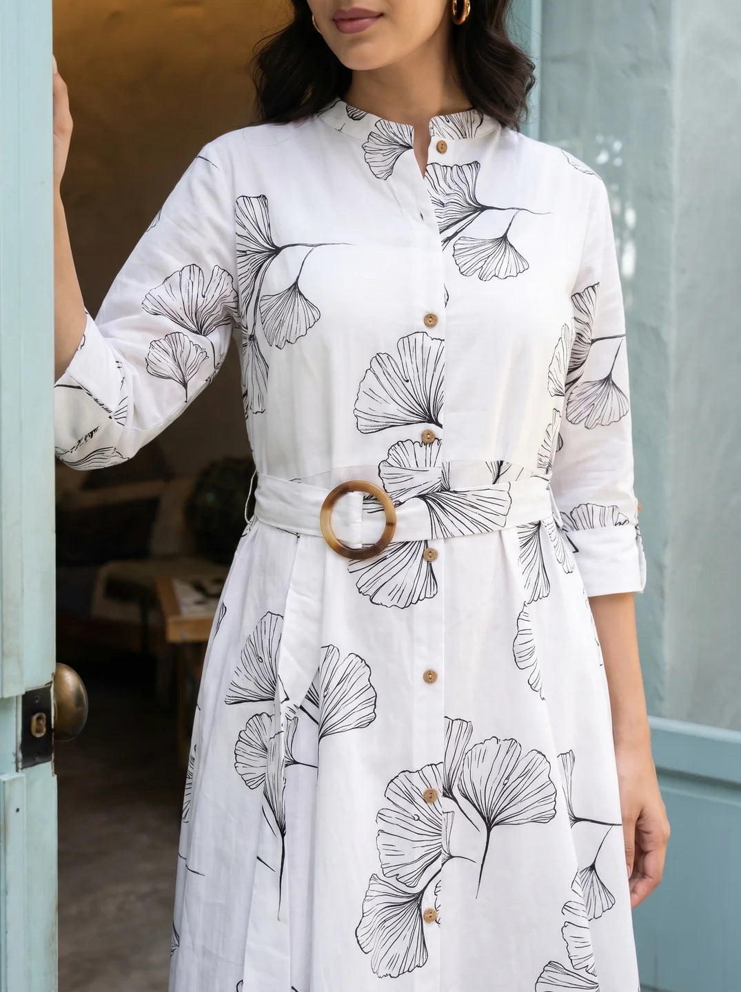 Off-White Ginkgo Leaf Printed Belted Midi Dress in Viscose