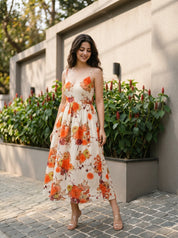 Beige Base with Orange Floral Printed Cotton Midi Dress