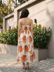 Beige Base with Orange Floral Printed Cotton Midi Dress