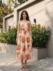 Beige Base with Orange Floral Printed Cotton Midi Dress