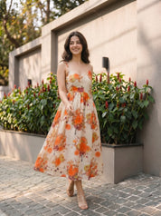 Beige Base with Orange Floral Printed Cotton Midi Dress