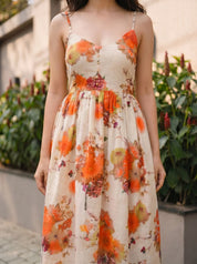 Beige Base with Orange Floral Printed Cotton Midi Dress