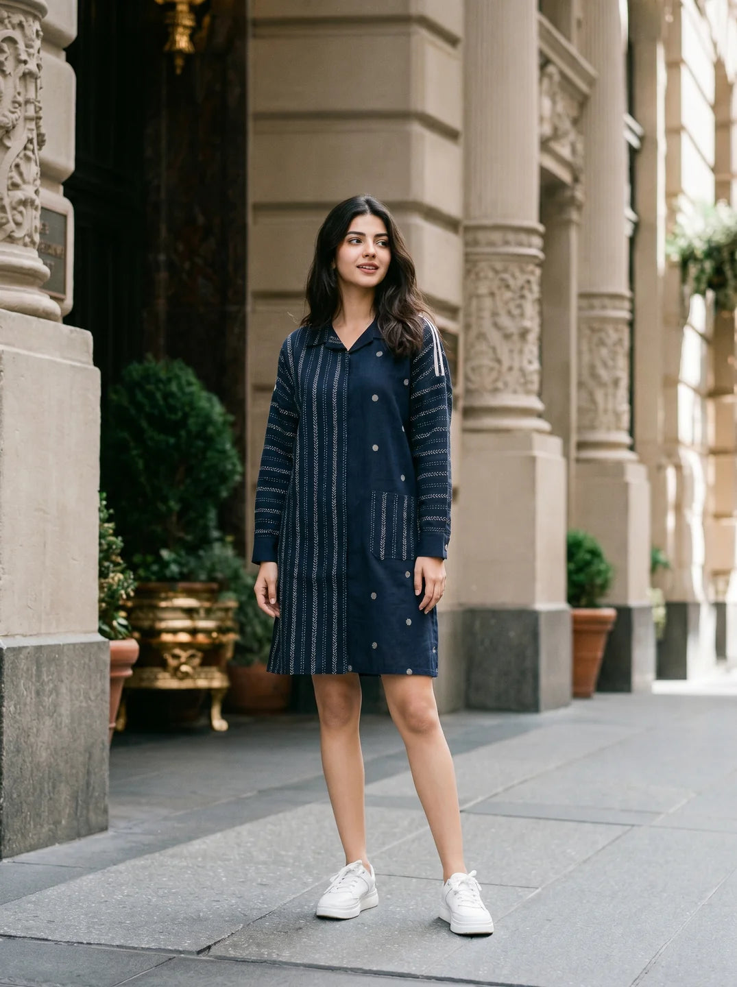 Navy Blue Jacquard Mini Shirt Dress