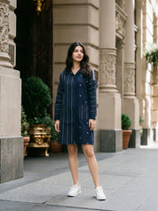Navy Blue Jacquard Mini Shirt Dress