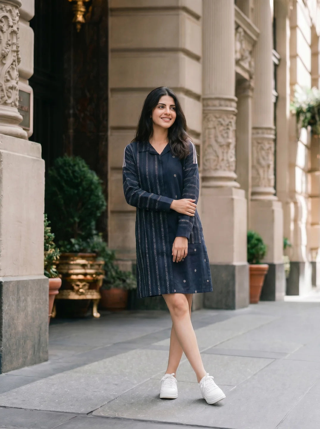 Navy Blue Jacquard Mini Shirt Dress