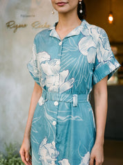 Blue Abstract Printed bold flower motif Muslin Midi Dress