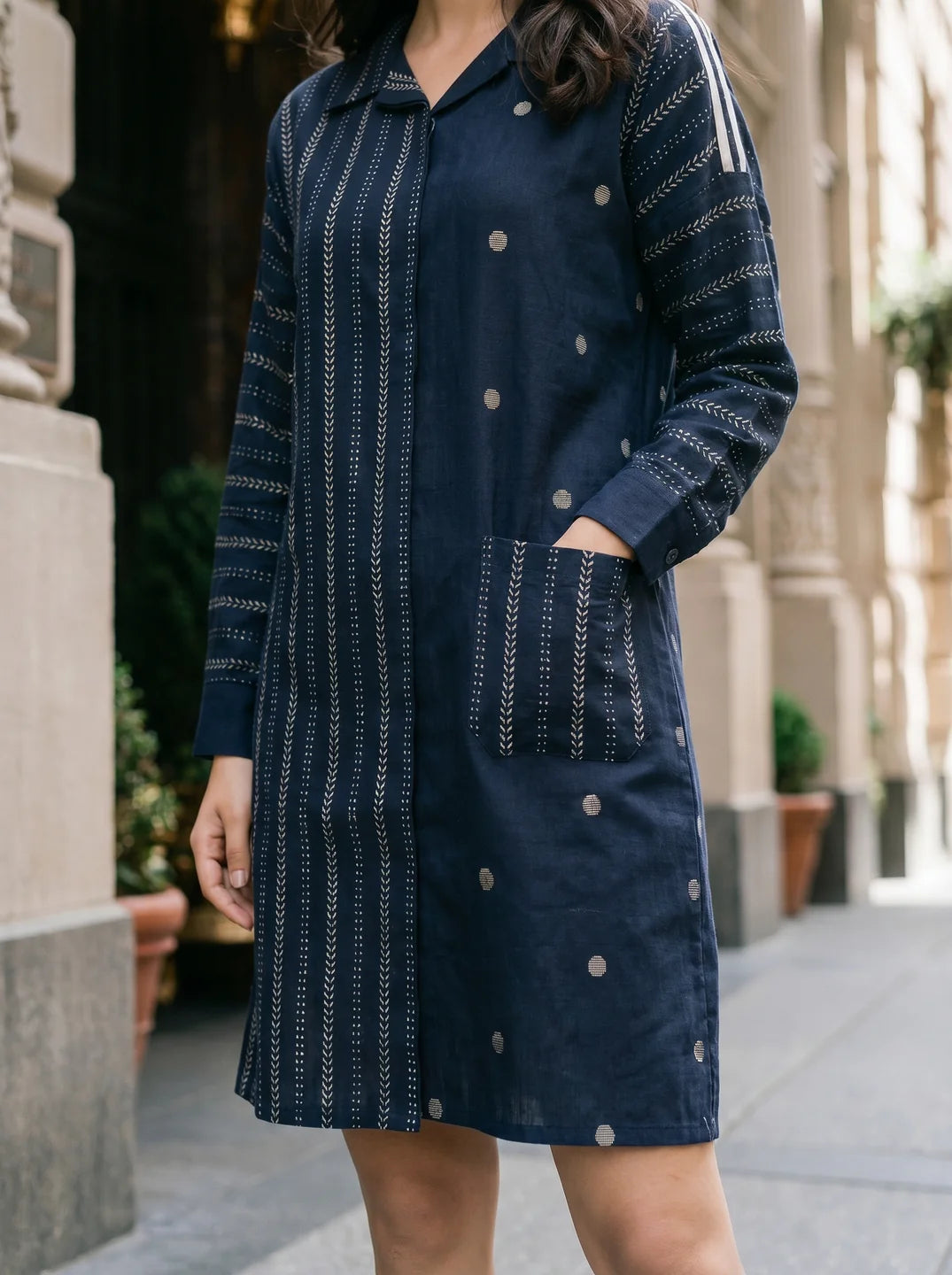 Navy Blue Jacquard Mini Shirt Dress