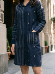 Navy Blue Jacquard Mini Shirt Dress