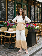 White and Beige Applique Flower Embroidered  Cotton Flex Co-ord Set