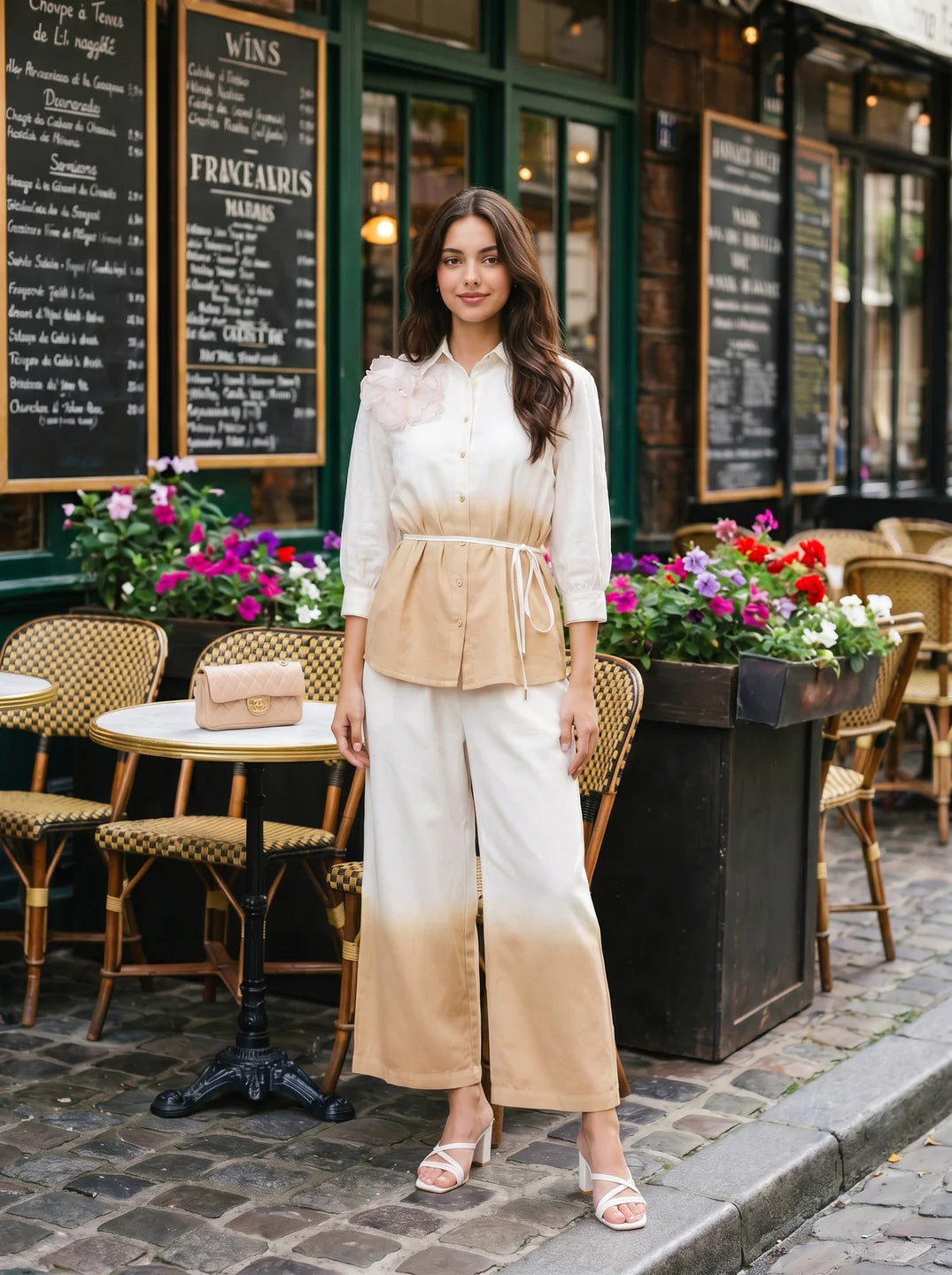 White and Beige Applique Flower Embroidered  Cotton Flex Co-ord Set