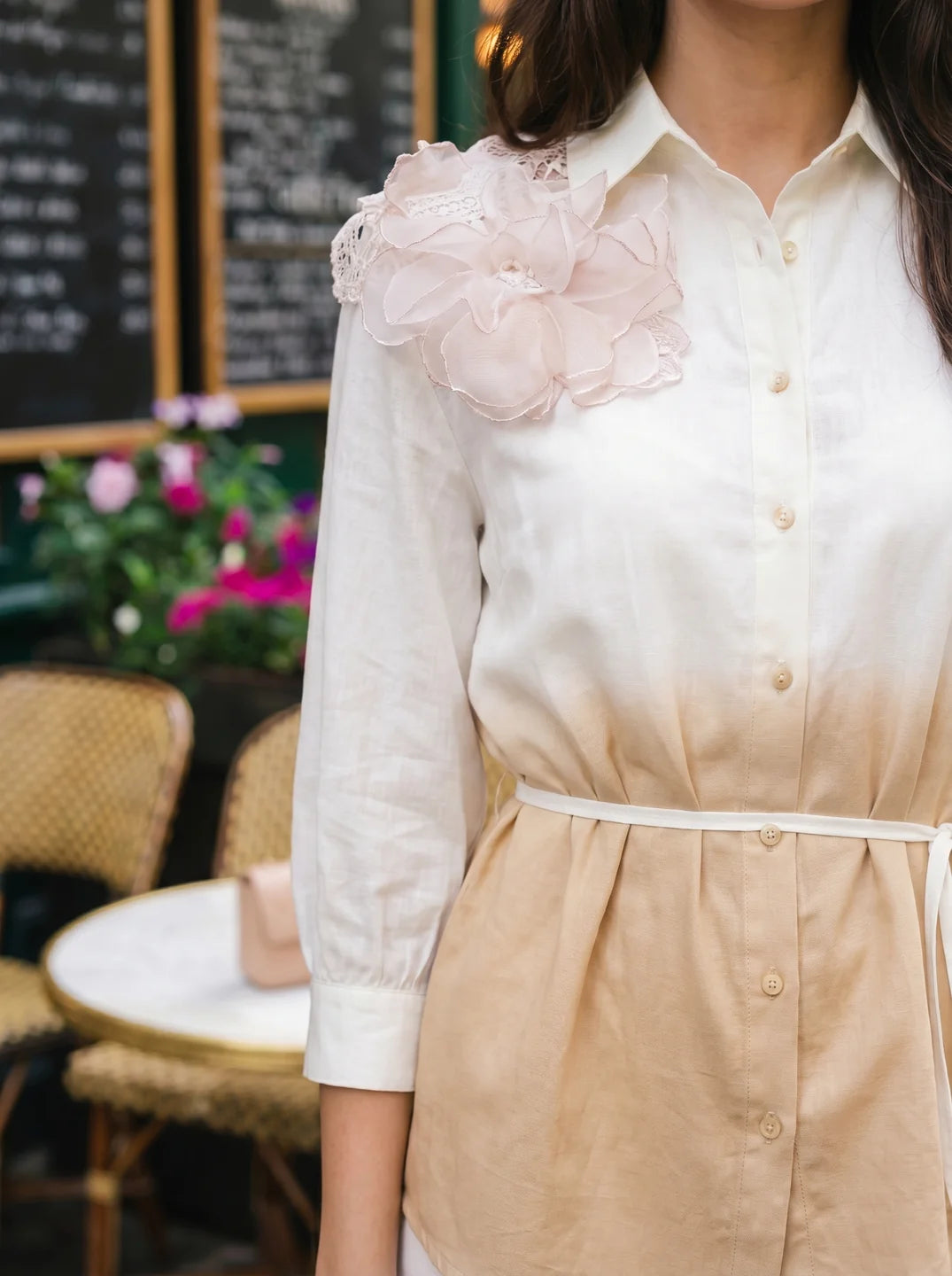 White and Beige Applique Flower Embroidered  Cotton Flex Co-ord Set