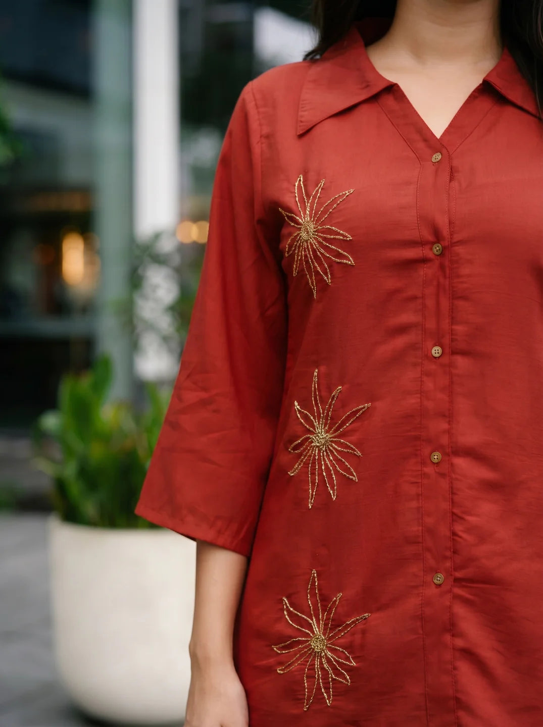 Cherry Red Roman Silk Embroidered Co-ord Set