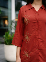 Cherry Red Roman Silk Embroidered Co-ord Set