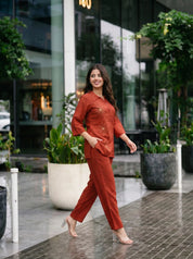 Cherry Red Roman Silk Embroidered Co-ord Set