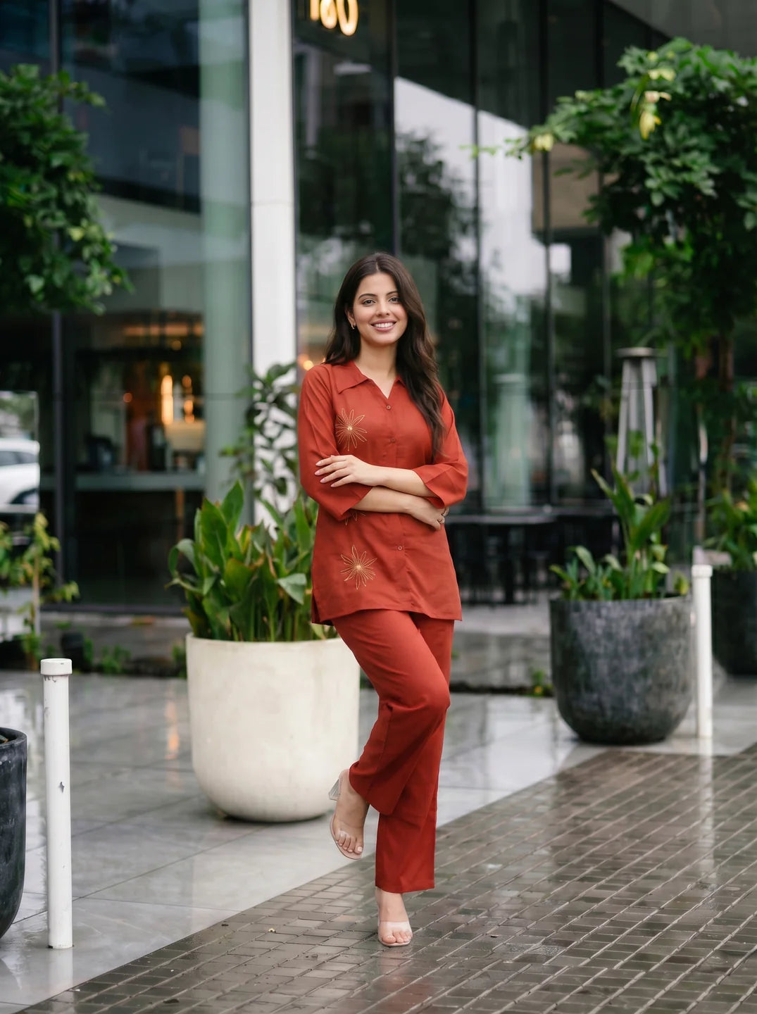 Cherry Red Roman Silk Embroidered Co-ord Set