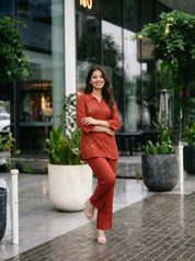 Cherry Red Roman Silk Embroidered Co-ord Set