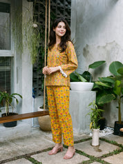Yellow Multicolored Printed Top with Lace Trims and Trouser