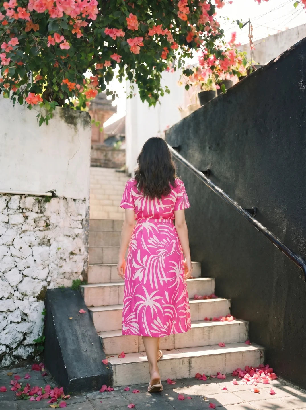 Hot Pink Russian Silk Floral  Printed Midi Dress