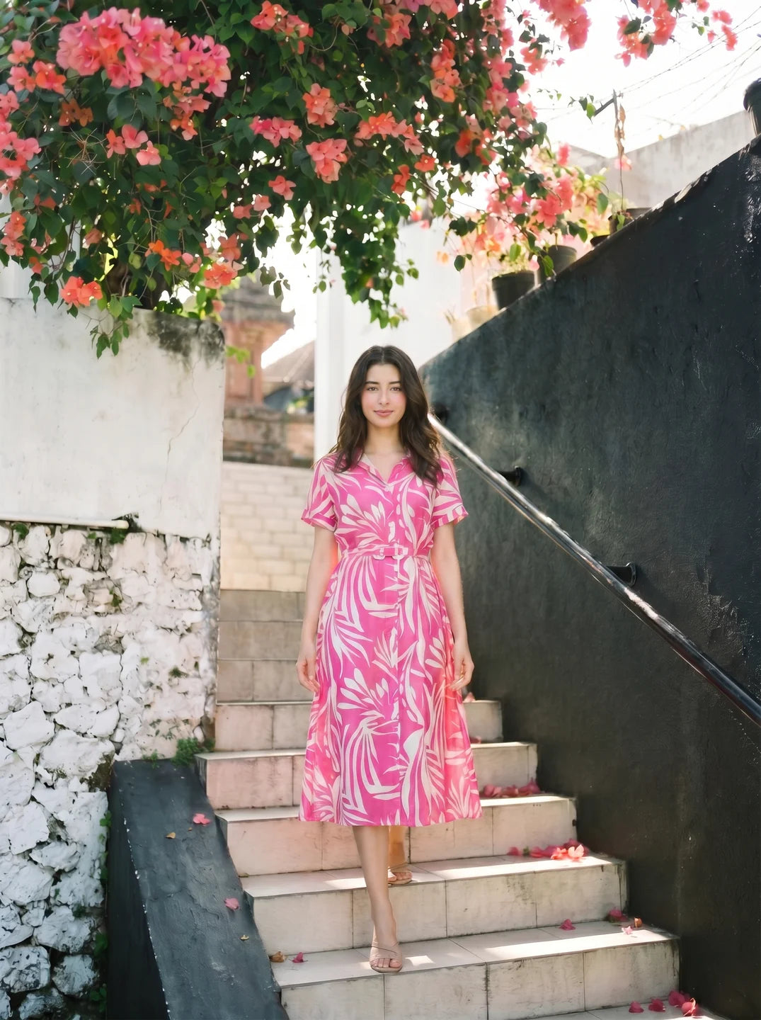 Hot Pink Russian Silk Floral  Printed Midi Dress