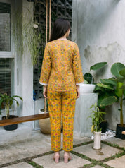 Yellow Multicolored Printed Top with Lace Trims and Trouser