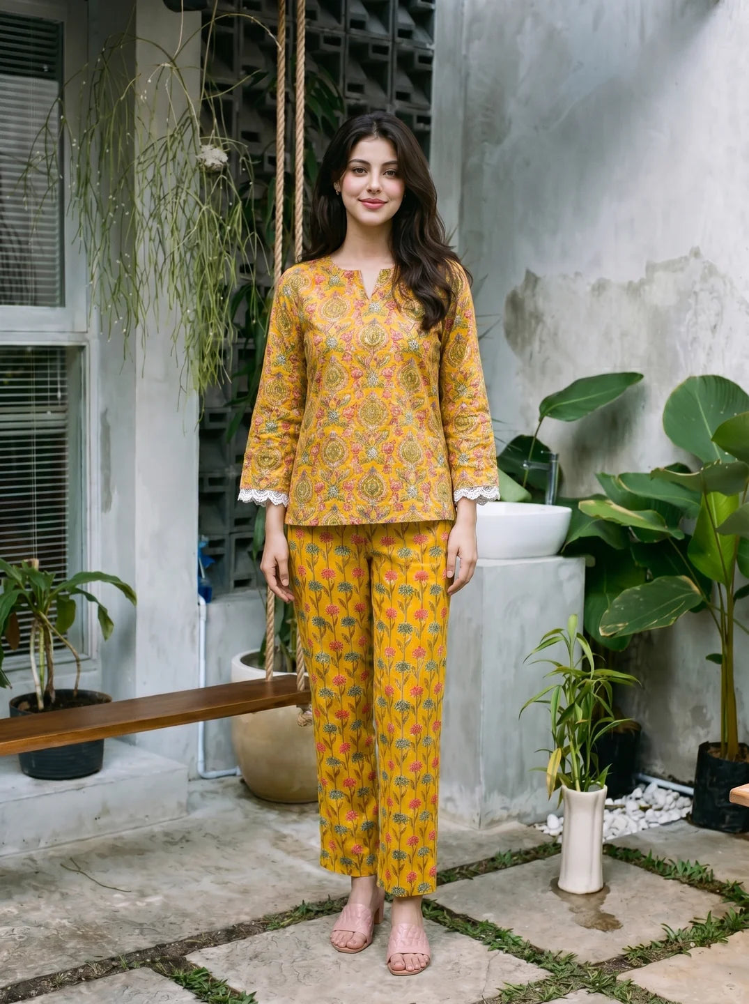 Yellow Multicolored Printed Top with Lace Trims and Trouser
