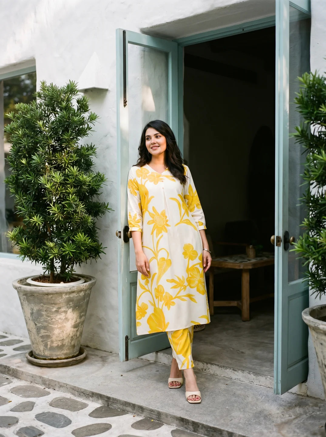 Cream & Yellow Abstract Floral Printed Kurta Pant Set in Viscose