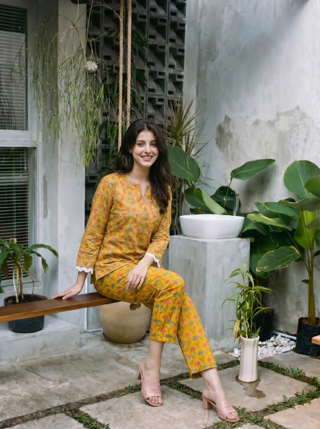 Yellow Multicolored Printed Top with Lace Trims and Trouser