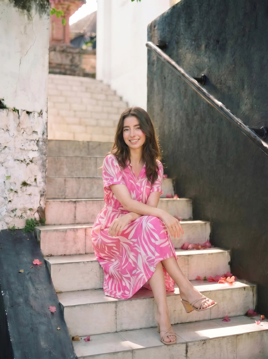 Hot Pink Russian Silk Floral  Printed Midi Dress